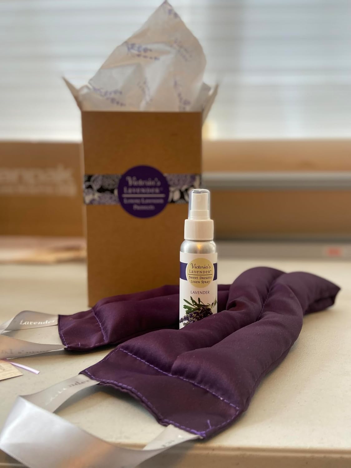 Victoria's Lavender Luxury Microwavable Aromatherapy Neck Wrap Neck Pain Comfort with Genuine Lavender & Flax Seed, Made in USA Linen Spray (2.5 oz) & Lavender Essential Oil - Gift Box Set (Set of 2)