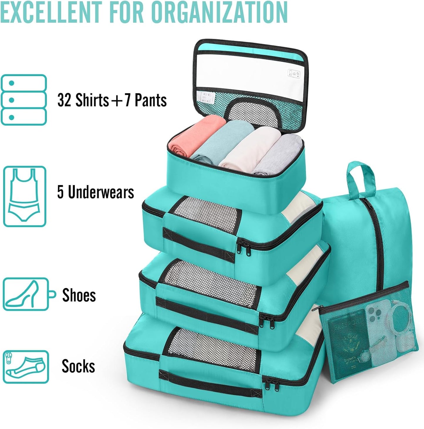 Veken 8 Set Packing Cubes for Travel Essentials, Suitcase Organizer Bags in 4 Sizes, Carry-On Luggage Accessories with Large Laundry & Hanging Toiletry Bag, Must-Have for Airplane, Road Trip & Camping