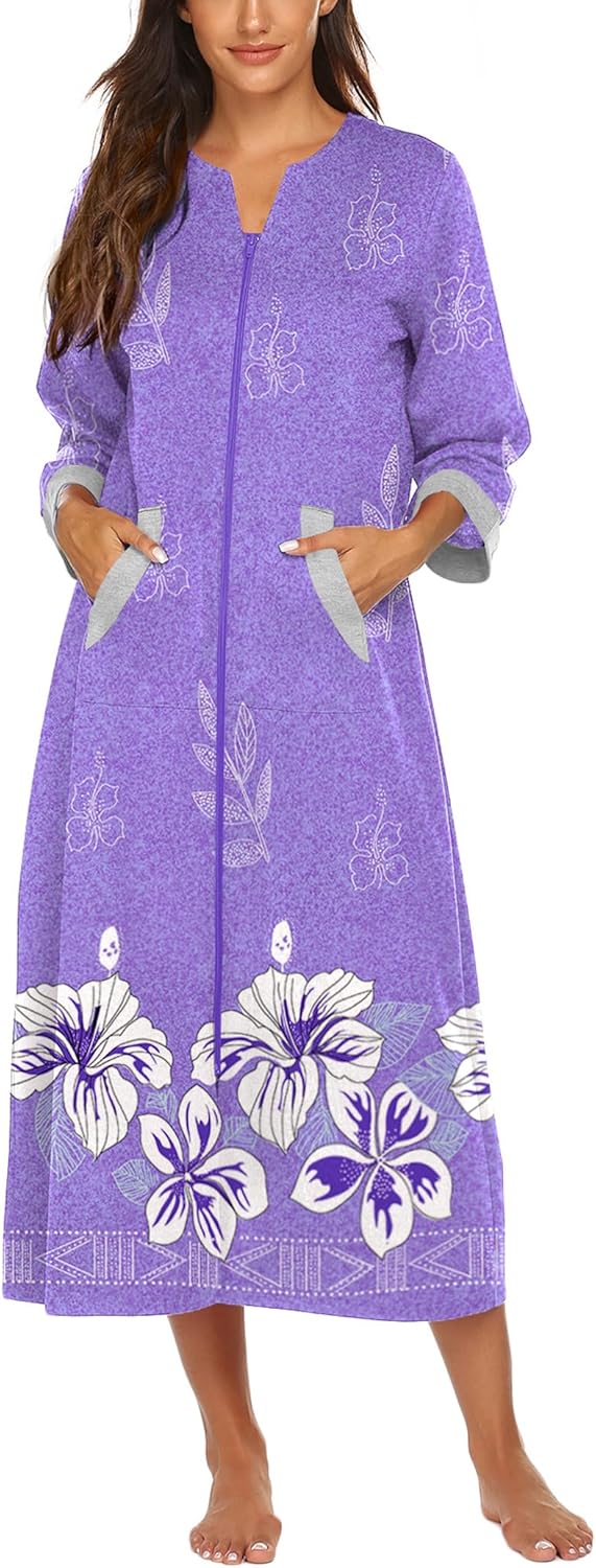 Ekouaer Women Zipper Robe 3/4 Sleeves Loungewear Dress Full Length Sleepwear Pockets Housecoat Nightgown Long Bathrobe