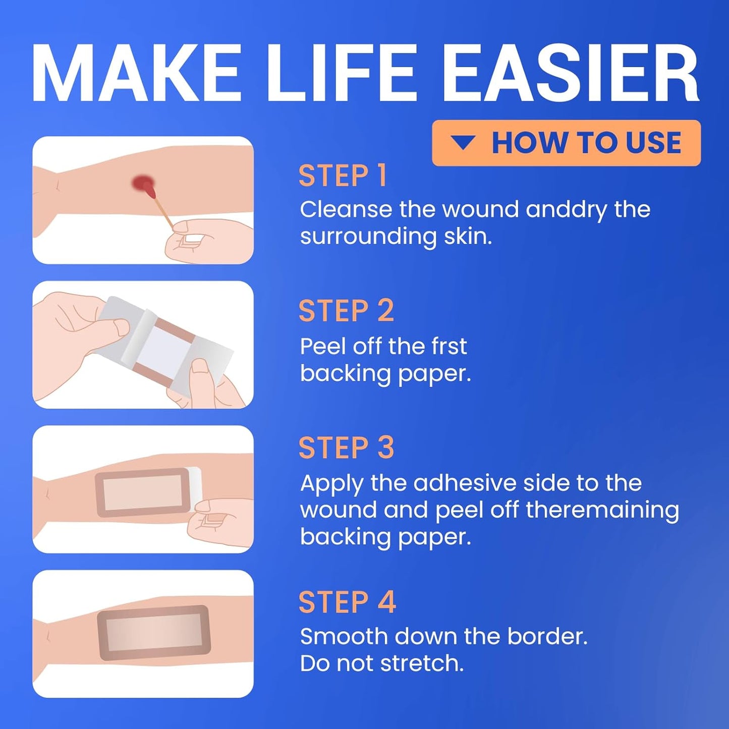 Large Waterproof Bandages 4x8 Silicone Foam Dressing for Sensitive Skin Wound Care, Adhesive Cohesive Pad with Border for First Aid, Post Surgical and Burn, Pressure, Scar Healing (5 PCS)