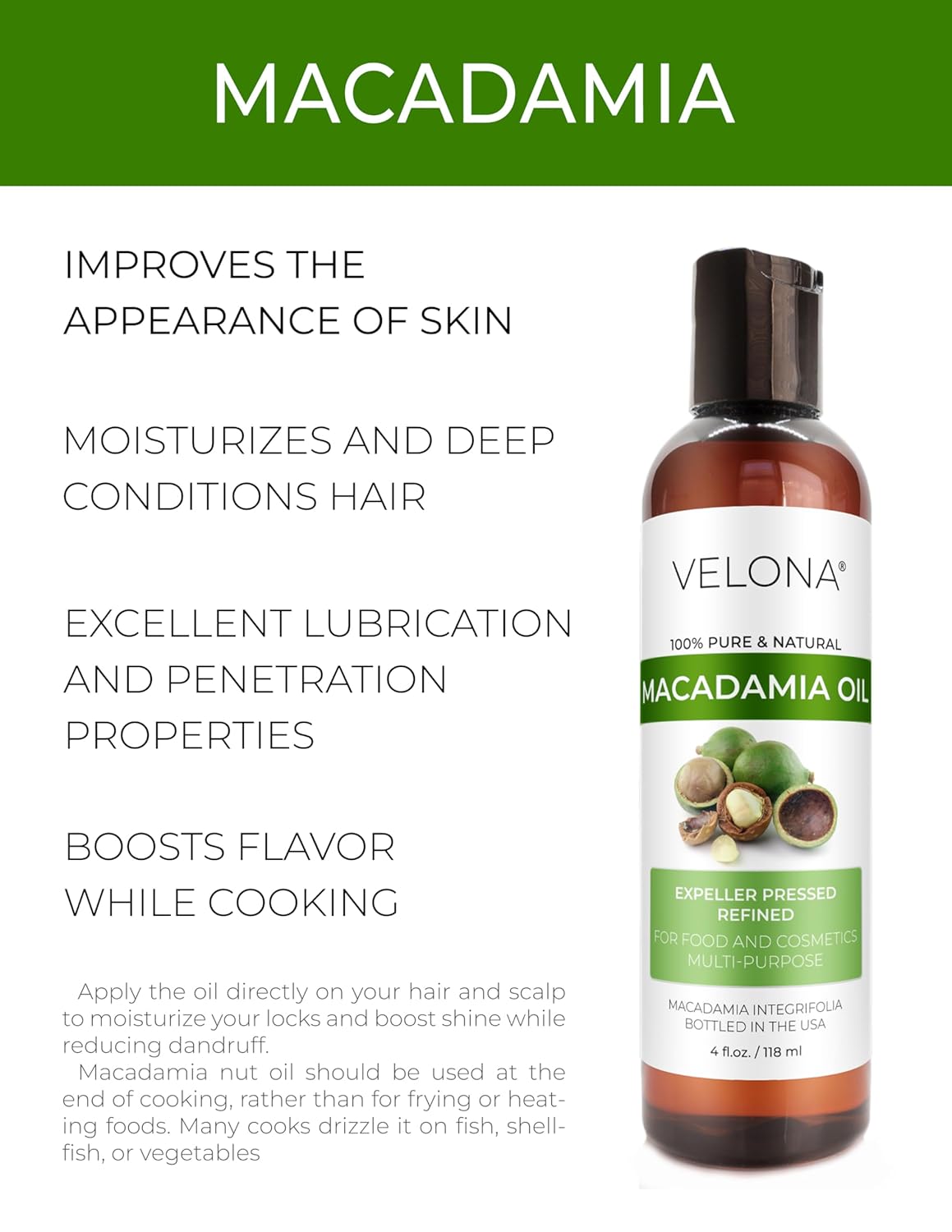 velona Macadamia Nut Oil 4 Fl Oz | 100% Pure and Natural Carrier Oil | Refined, Cold pressed | Cooking, Skin, Hair, Body & Face Moisturizing | Use Today - Enjoy Results