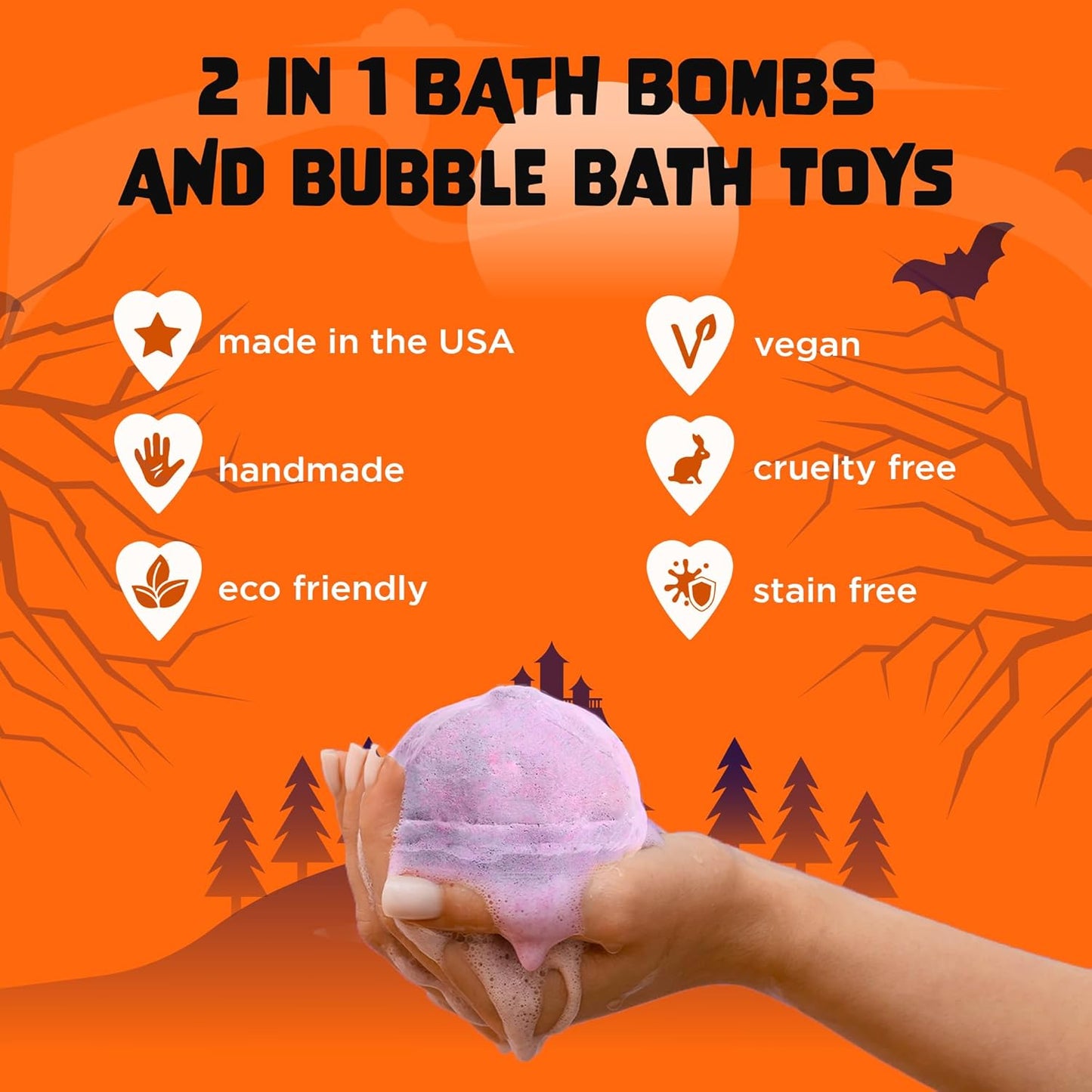 Halloween Bath Bomb for Kids with Surprise Halloween Toys Inside - Large Pumpkin Bath Bombs for Kids, Boys & Girls – Spooky Boo Basket Stuffers for Kids - Made in USA Bubble Bomb by Two Sisters