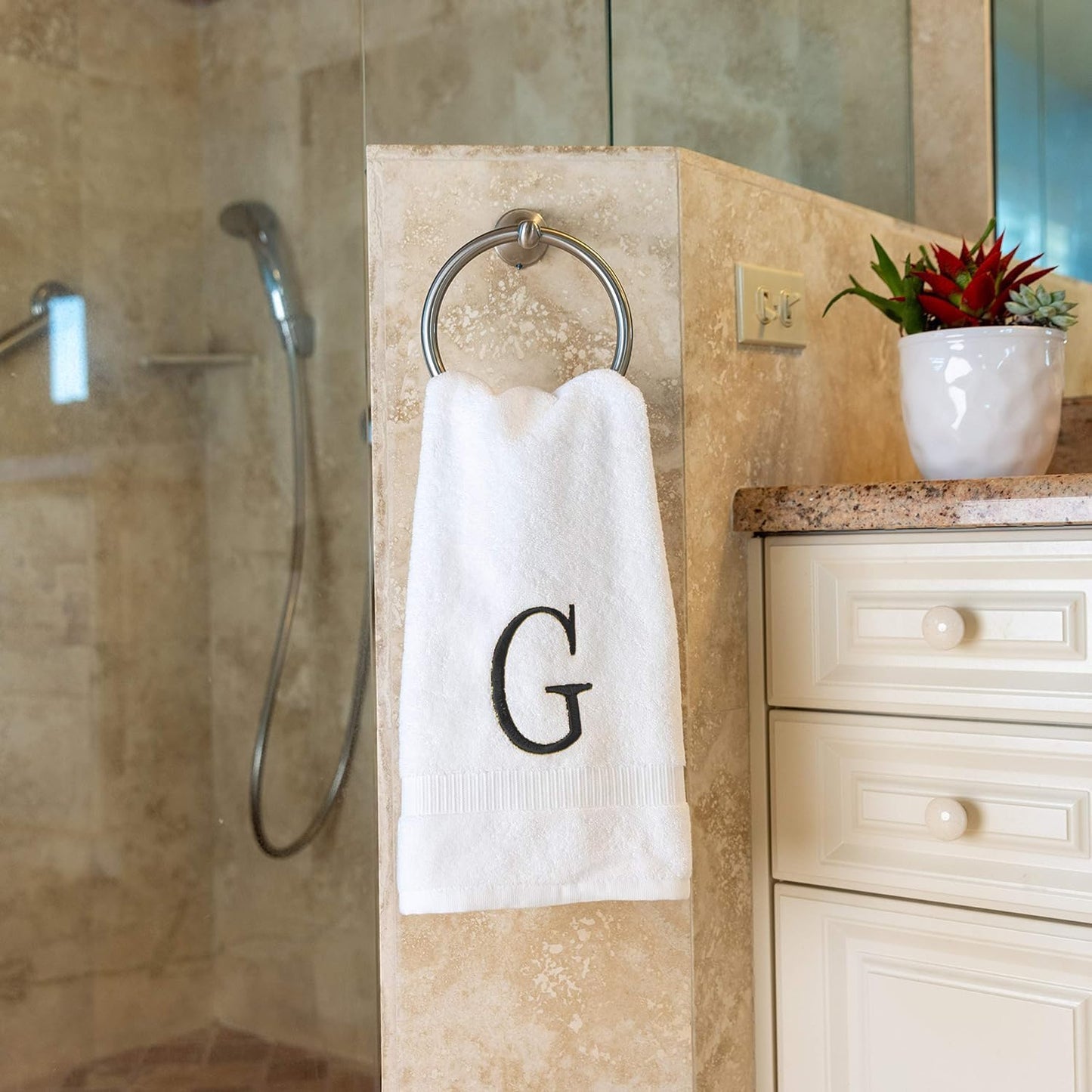 Dark Gray Powder Room Hand Towel - Monogram Initial Hotel Quality Decorative Embroidered Luxury Towel for Spa - GOTS Organic Certified - Set of 2 Letter G
