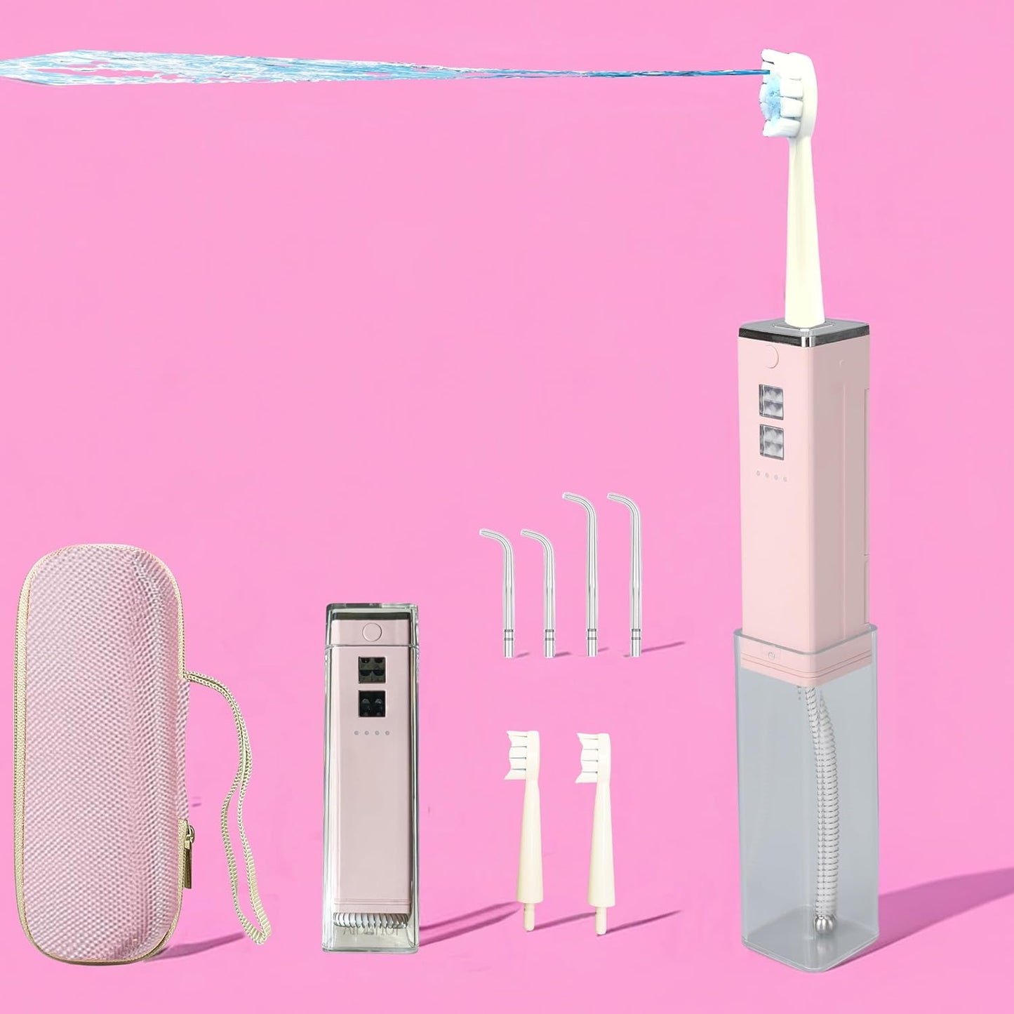 Cordless Water Flosser & Toothbrush Combo. Portable Dental Oral Irrigator with 4 Nozzles, 2 Spray Brushes, Travel Case.1400 PPM, 4 Modes, IPX7 Waterproof.2 in 1 Cleaning Kit.Pink.