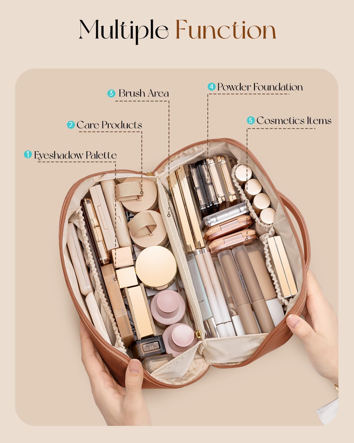 Vlando Makeup Bag,Large Capacity Travel Toiletry Bag,Cosmetic Bags for Women PU Leather Waterproof Portable Pouch with Divider & Handle-Brown