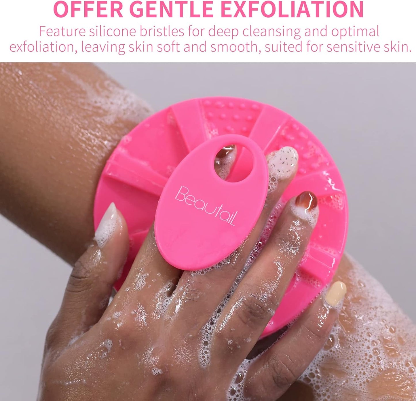 Silicone Body Scrubber, BEAUTAIL Shower Bath Scrubber, More Hygienic Than Traditional Loofah, Lather Nicely, Long Lasting, Gentle Exfoliating Brush for Women Men Baby Sensitive Skin, 1 Pack, Rose