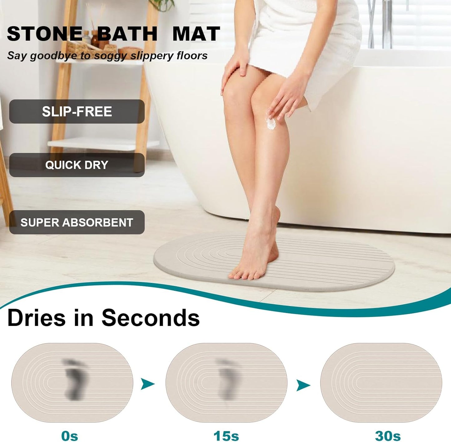 Elfcool Stone Bath Mat Diatomaceous Earth Shower Mat Non Slip Quick Dry Bath Stone Mat Super Absorbent Bathroom Floor Mat for Bathroom Kitchen Counter (Off White)