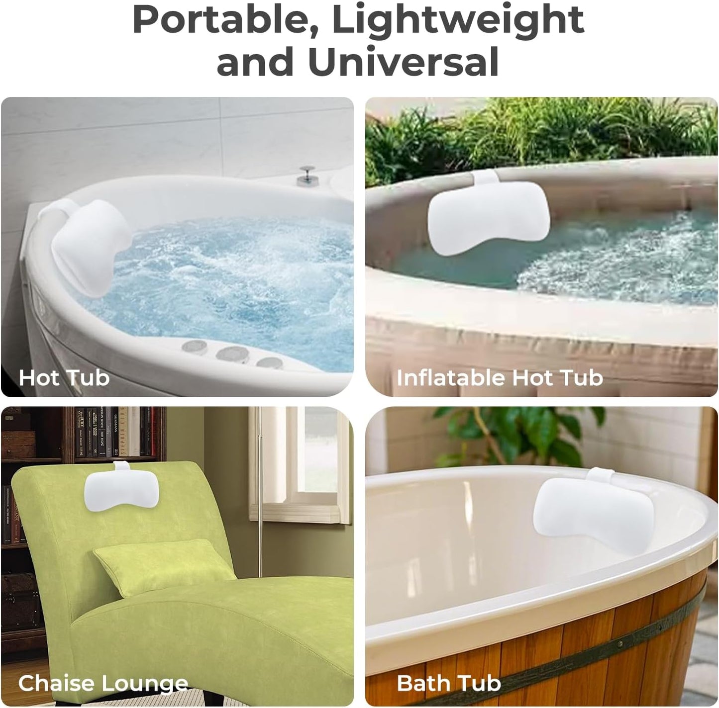 Spa Tub Headrest Pillow, Universal Spa Neck Pillow for Outdoor Hot Tub, Chaise Lounge, Comfortable Head and Neck Support Pillow Cushion with Adjustable Strap，White