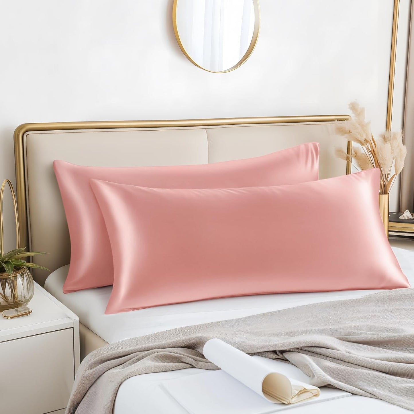BEDELITE Satin Body Pillow Cover 2 Pack, Super Soft and Cooling Body Pillow Pillowcase for Hair and Skin, Breathable Silky Full Long Pillowcase Cover(20"x54", Coral)