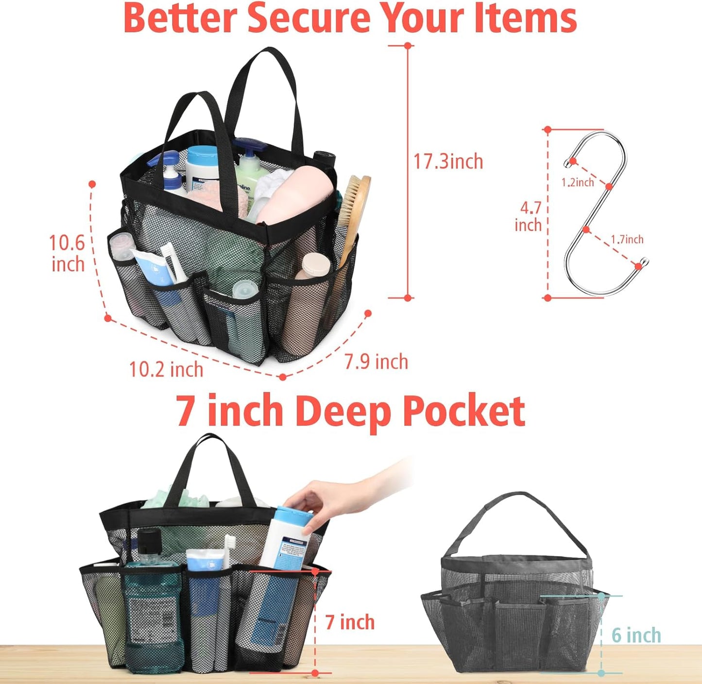 F-color Mesh Shower Caddy Portable - 2 Handles Upgrade Deeper 7 Pockets Basket Bag Tote for College Dorm Room Toiletry Bathroom Essentials Gym Camp Quick Dry with S Hook, 2 Pack, Black & Mint Green