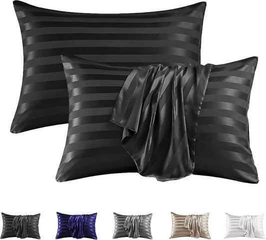 MR&HM Satin Pillowcase for Hair and Skin, Silk Satin Pillowcase 2 Pack, Queen Size Pillow Cases Set of 2, Silky Pillow Cover with Envelope Closure (20x30, Black Striped)