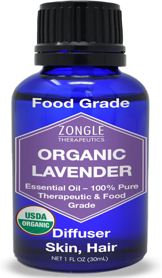 Organic, Lavender Essential Oil, Food Grade, for Drinks, Skin, Hair – 100% Pure, Lavender Oil, by Zongle Therapeutics, 1 OZ