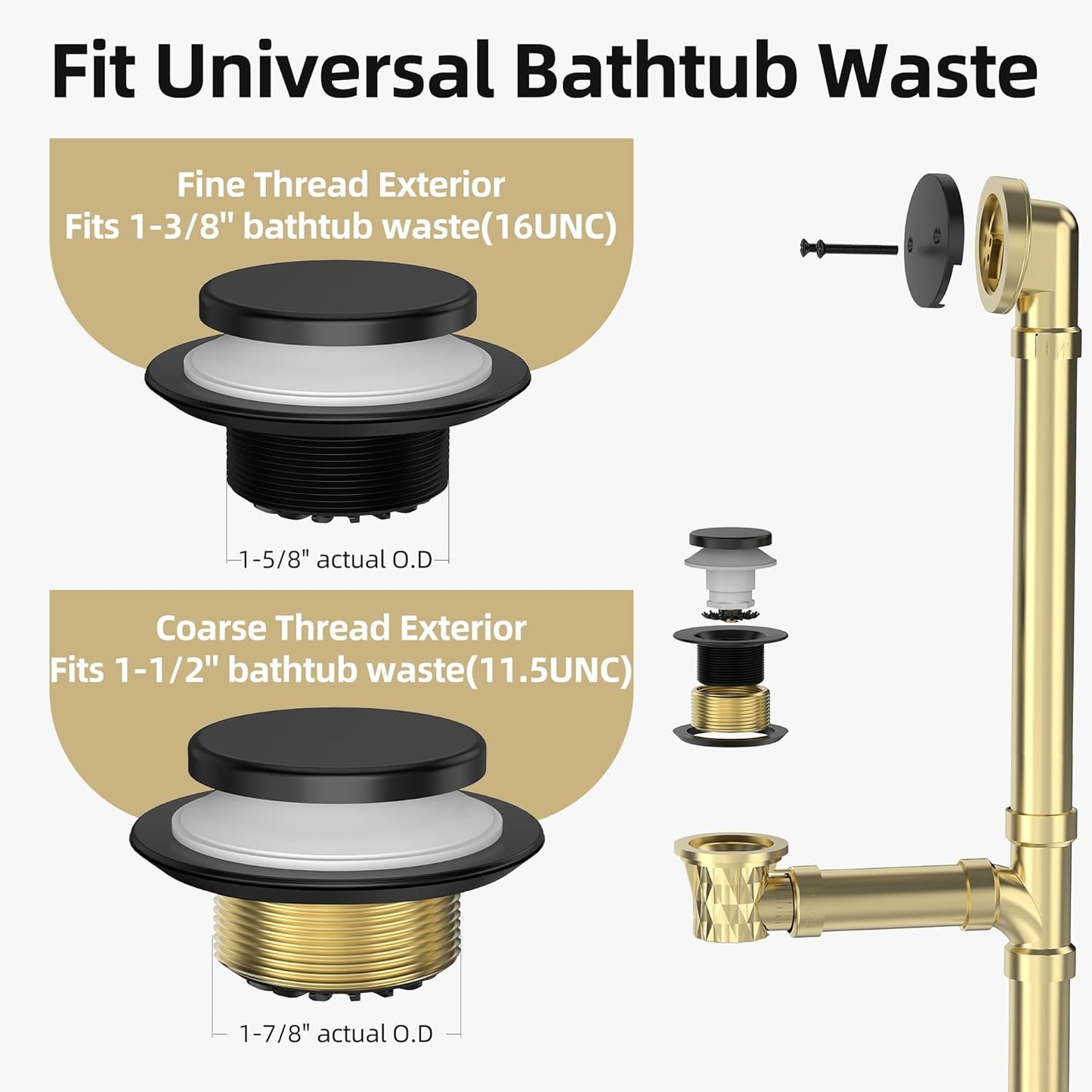 Matte Black Tub Drain Kit with Hair Catcher, Premium Brass Tip-Toe Bathroom Tub Drain Replacement and 2-Hole Overflow Faceplate, 11.5/16 UNC Bathtub Drain Stopper Assembly