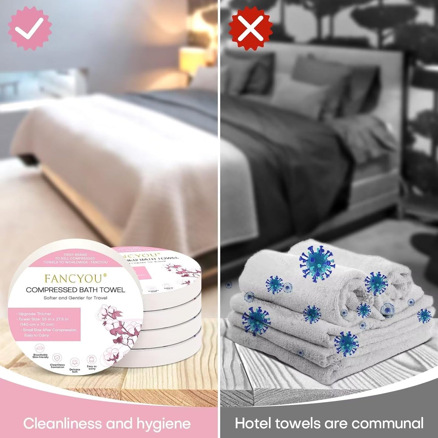 Compressed Bath Towel 5 Pcs 55" x 27.5" Travel Size Mini Disposable Coin Towel Washable & Reuseable Camping Wipe & Cleansing (Pink)