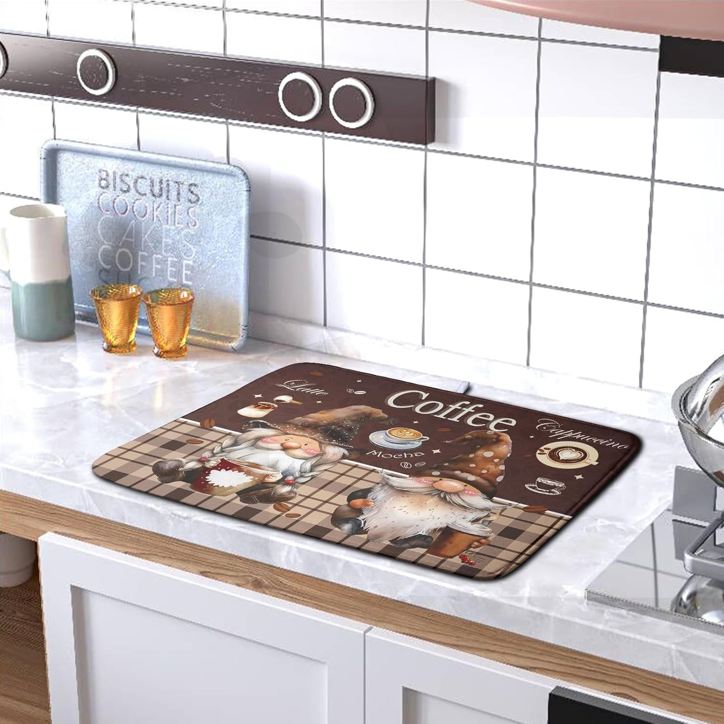 Chef Gnome Kitchen Dish Drying Mat for Kitchen Counter 18x24 Inch, Brown Buffalo Plaid Cooking Mocha Coffee Mat Reversible Microfiber Super Absorbent Quick Dry Rack Pad for Bar Sinks Home Decor