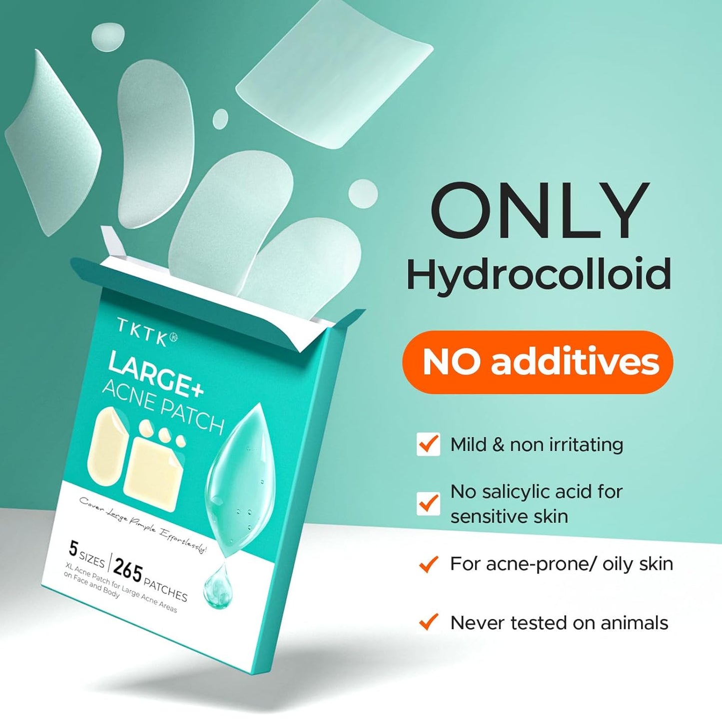 TKTK Large Pimple Patches for Face, 60 x 30 mm XL Acne Patches, Big Hydrocolloid Bandages for Body, Back, Forehead, Chin, Neck Blemish Zit Breakouts (Oval, Square, Dot 5 Sizes 265 Count)