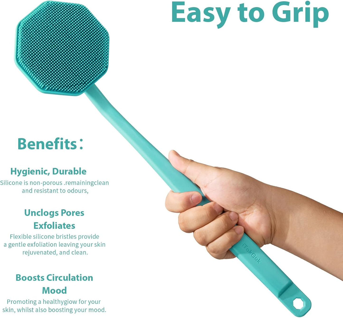 iTokGoK® Silver-Infused Silicone Back Scrubber with Long Handle Back Brush for Shower,Back Brush Long Handle for Men and Women,Ergonomic No-Slip Handle, Long-Lasting (Mint Green)