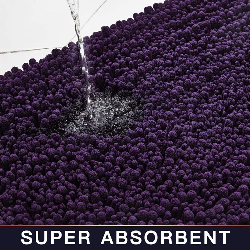 Walensee Bathroom Rug 2 Pieces Set Non Slip Bath Mat (17x24 Plus 20x32 Inch Dark Purple) Water Absorbent Super Soft Shaggy Chenille Machine Washable Dry Extra Thick Perfect Carpet for Shower Floor