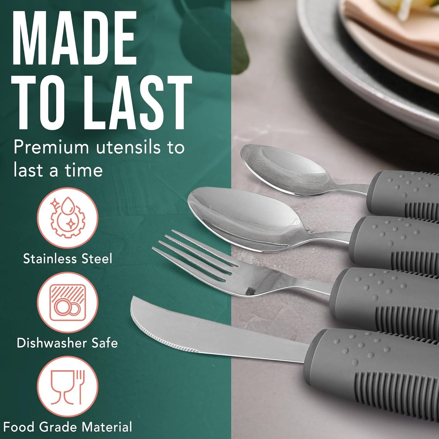 BUNMO Adaptive Utensils for Elderly, Tremors & Weak Hand Grips – 4pc Lightweight Assistive Silverware Set with Foam Easy Grip Handles – Discreet Canvas Travel Wrap – Dishwasher Safe