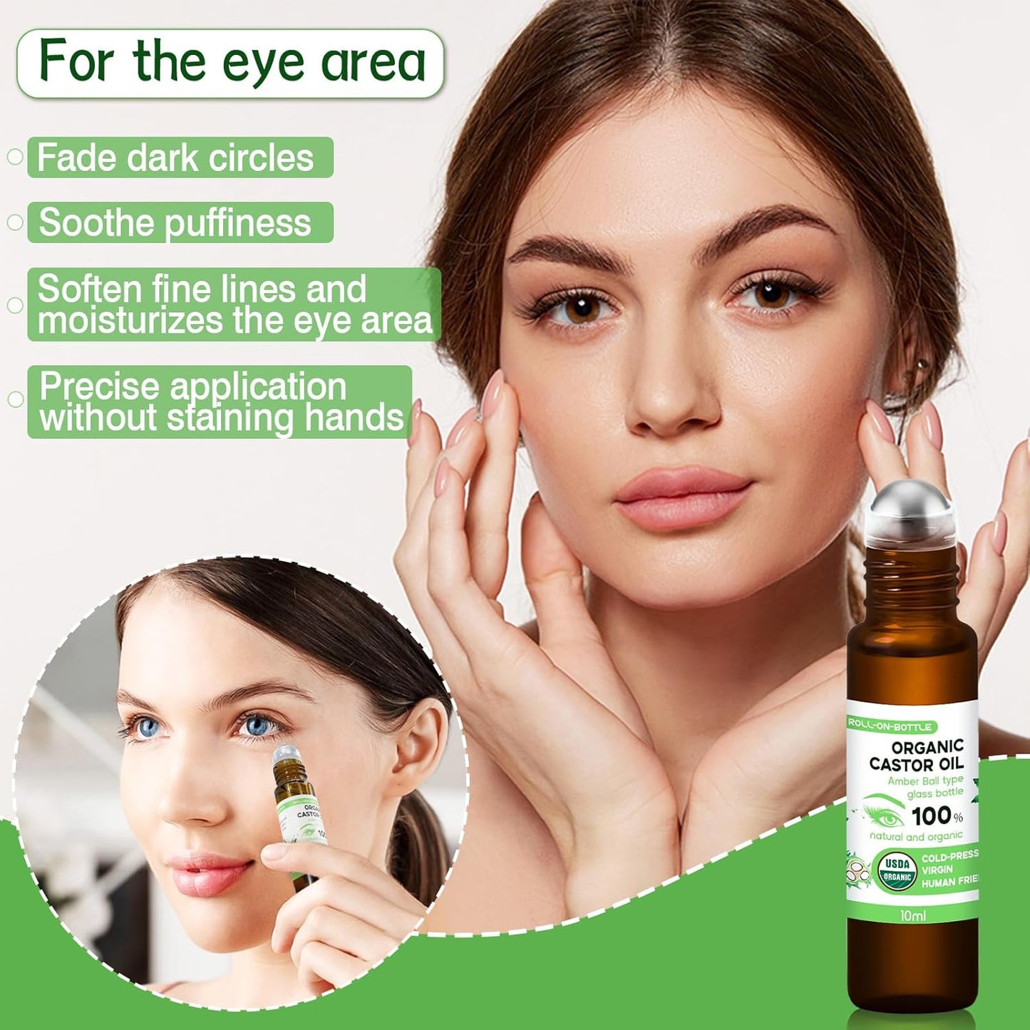 3-in-1 Castor Oil Roll on for Eye,Face,Body Skin,Certified Organic Cold Pressed Castor Oil Roller ball unrefined Glass Bottle,Precise & Mess-Free Application & Travel Friendly