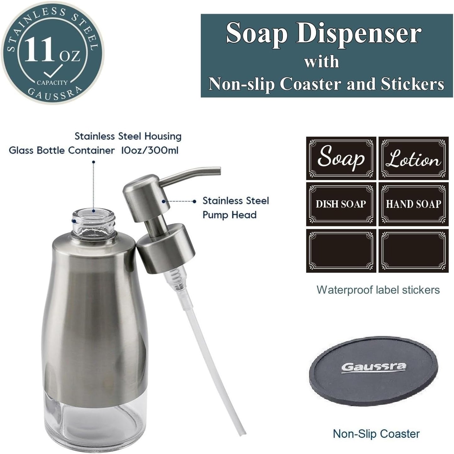 Gaussra Soap Dispenser with Coaster and Stickers, Brushed Nickel Stainless Steel Case Glass Liner Hand Pump Dispenser, Refillable Liquid Hand Soap Dispenser for Bathroom & Kitchen (11OZ / 320ML)