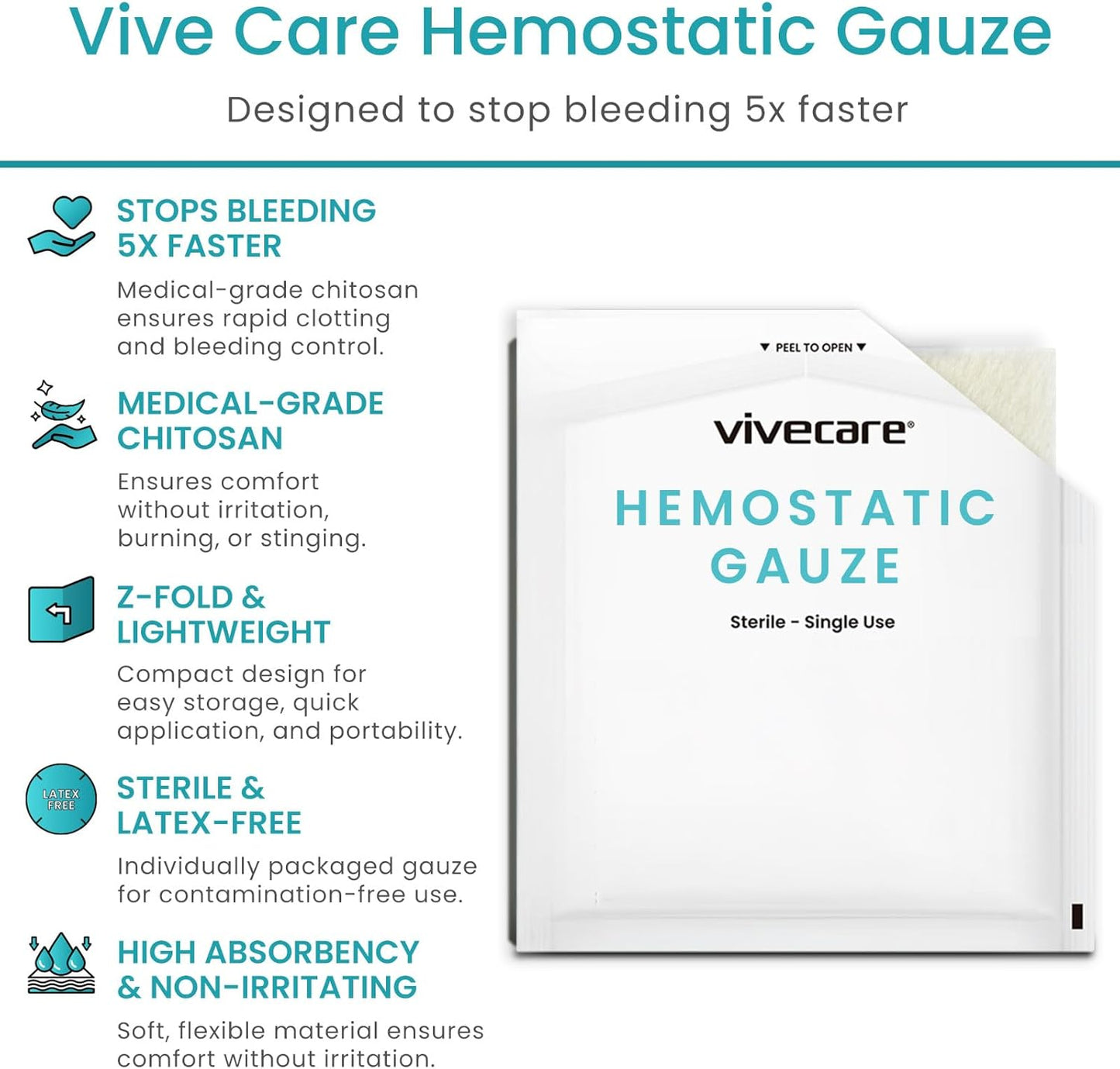 ViveCare Hemostatic Gauze (4"x4") - Quick Clot Dressing to Stop Bleeding - Wound Clotting Bandage Pads for First Aid Kit - Healing for Cuts, Abrasions, Lacerations - Product Made with Chitosan