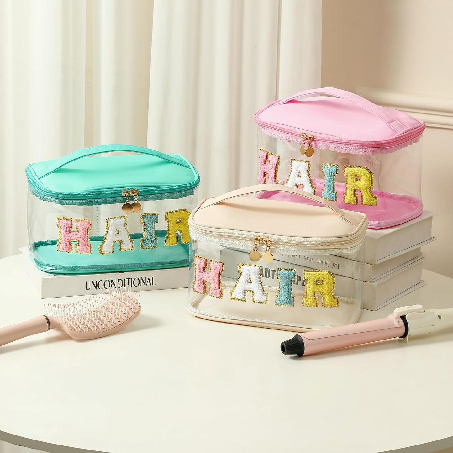 Personalized Chenille Letter Clear Hair Makeup Bag, Large Size Waterproof Nylon Cosmetic Toiletry Storage bag with Top Handle, Transparent Meds Hair Travel Organizer Cosmetic Bag(05Hair-Green)