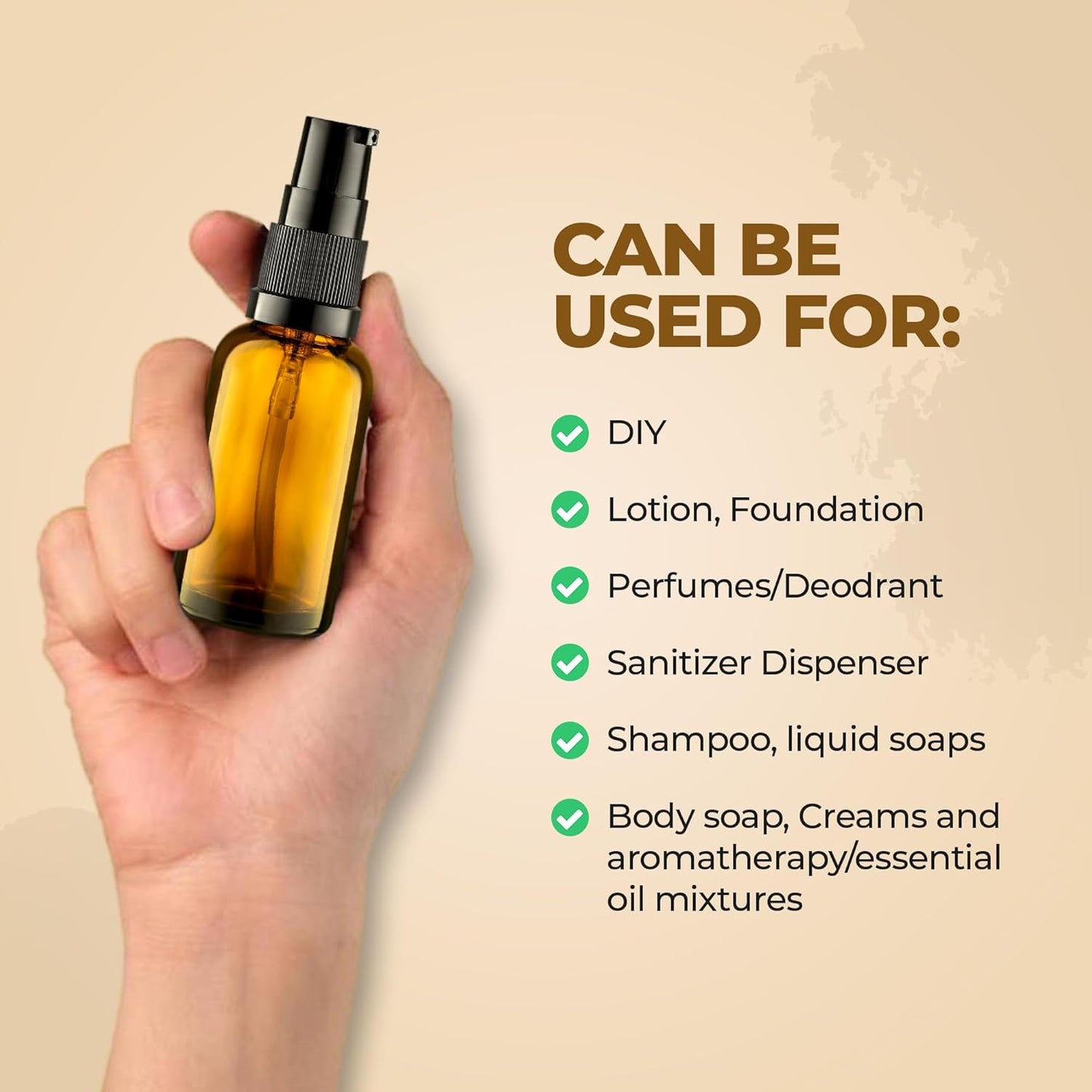 6 Pack, 3 30ml (1oz) & 3 15ml (0.5oz) Empty Refillable Glass Amber Pump Bottle Ideal for Lotion Cream Essential Oil Travel Small Container, Convenience Pack