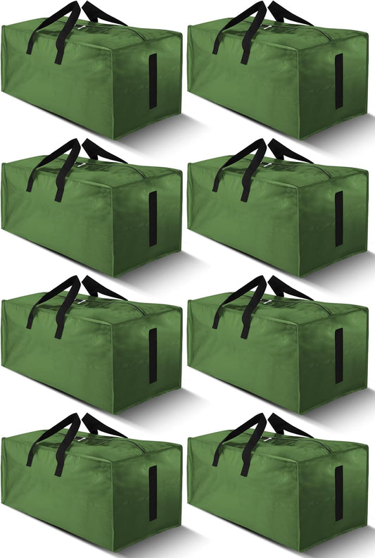 8 Pack Large Strong Moving Bags with Zippers & Carrying Handles - Water-Resistant - Heavy Duty Storage Tote for Space Saving, Fold Flat, Alternative to Moving Box (Olive Green)