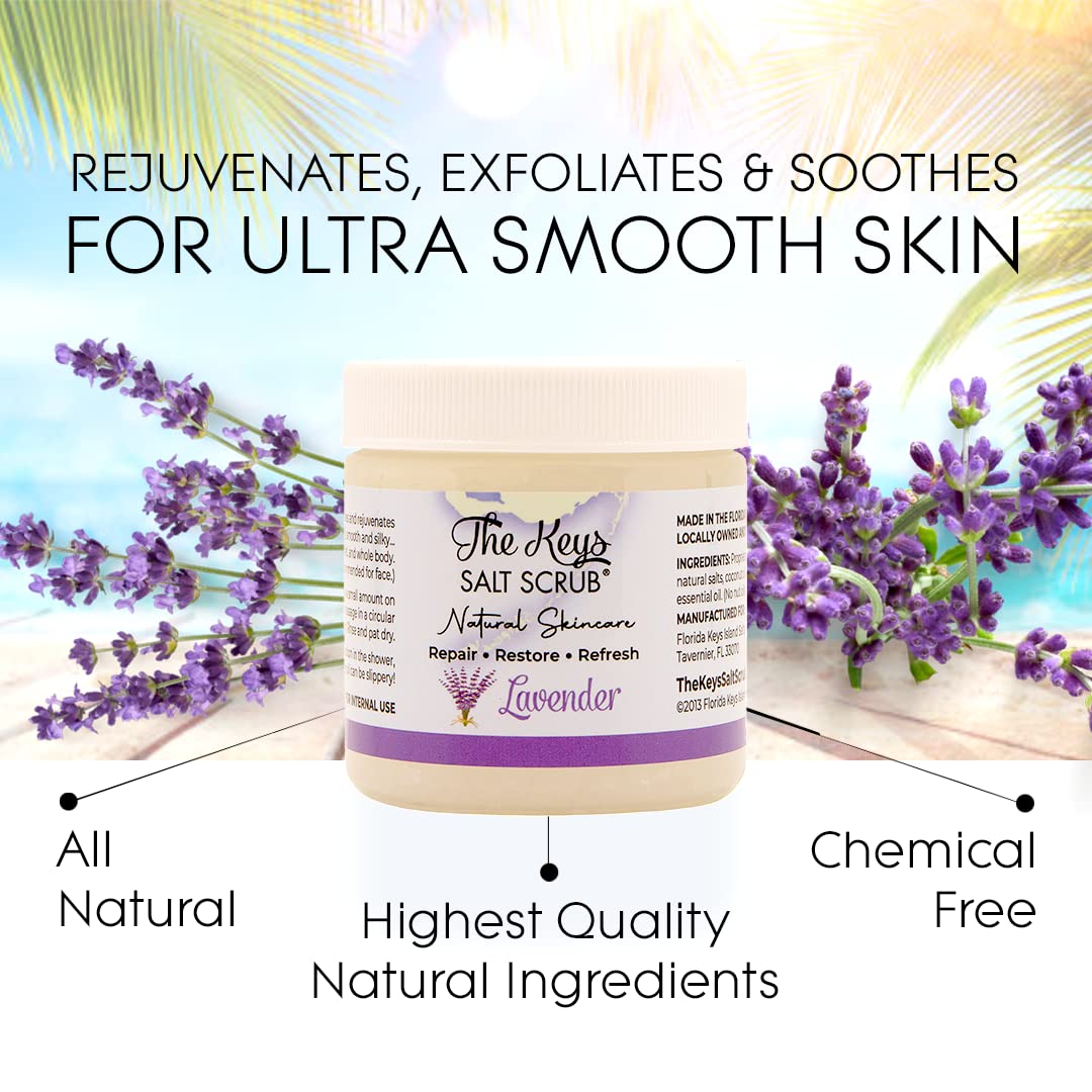 The Keys Salt Scrub - Lavender Sea Salt Scrub - Exfoliating Body Scrub with Wooden Spoon - Moisturizing Exfoliator for Face, Hands, Foot, Bath, Manicure & Pedicure, and Bikini Area Skin Care (3.4 oz.)