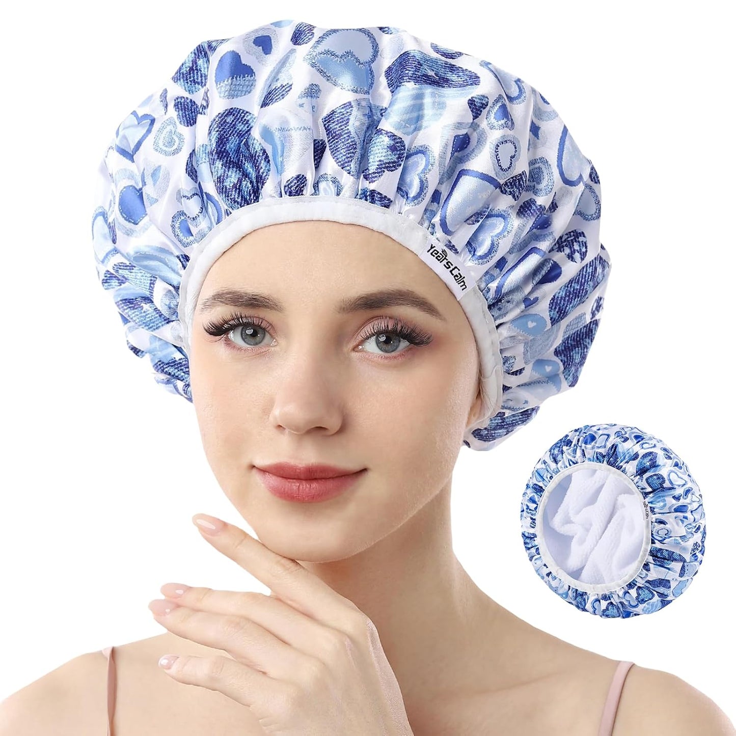 Years calm Terry Lined Shower Cap, Triple Layer Heart Motifs,Waterproof Reusable Elastic,Hair Shower Cap for Women,Terry Cloth Shower Caps for Spa,Clean,Trave (Blue, One Size)