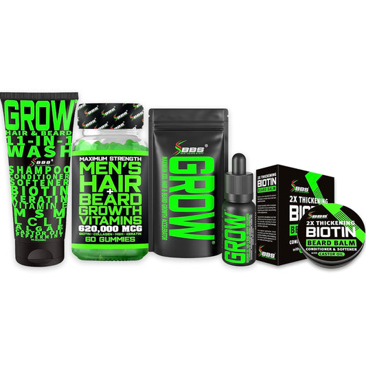 Beard Growth Kit for Thicker Fuller Beard - Includes Beard Balm and Mustache Wax, Biotin Gummies, Beard Growth Serum, and 11-in-1 Beard and Hair Wash & Conditioner - Complete Facial Hair Kit