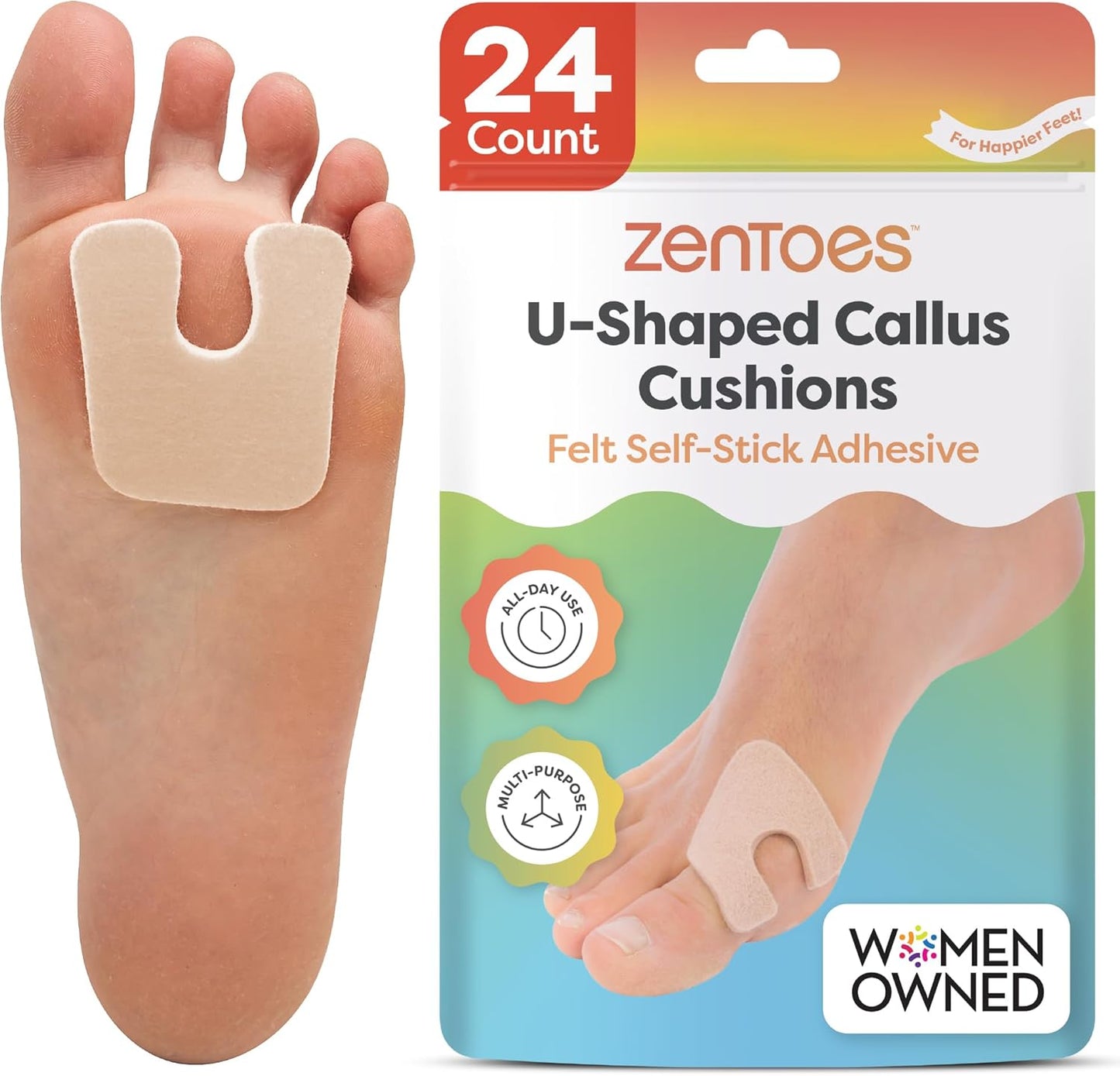 ZenToes U-Shaped Felt Callus Pads | Protect Calluses from Rubbing on Shoes | Reduce Foot and Heel Pain | Pack of 24 | 1/8” Self-Stick Pedi Cushions