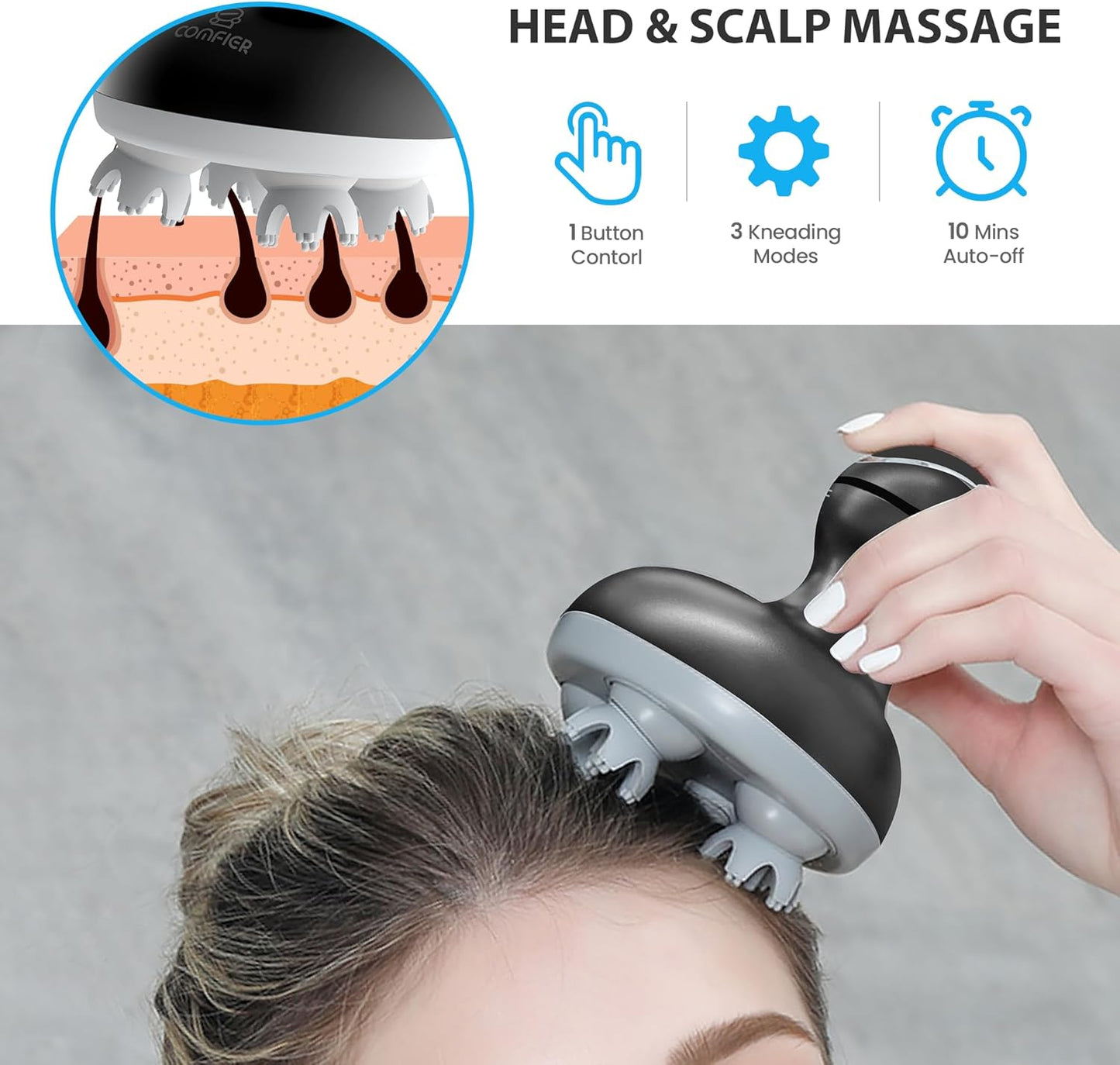 COMFIER Electric Scalp Massager Hair Growth, Cordless Head Massager Scalp Stress Relax, Waterproof Handheld Hair Scratcher with 84 Silicone Nodes, Gift for Men Women