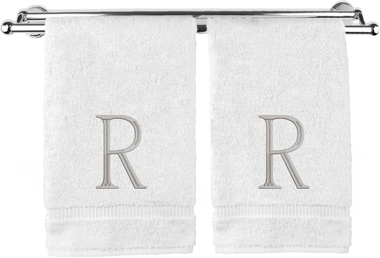Monogrammed Hand Towel, Personalized Initial Gift, Extra Absorbent 100% Turkish Cotton - Soft Terry Finish - Set of 2 - Silver Block Initial R - Embroidered on White Towels