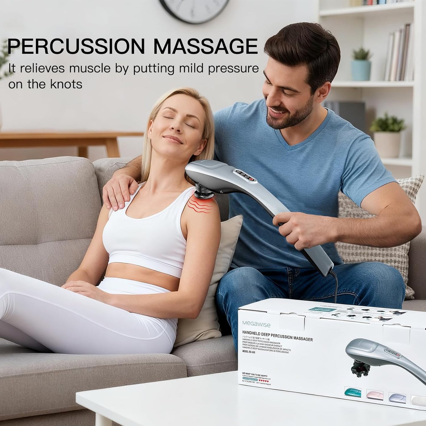 MEGAWISE Handheld Back Massager | Deep Tissue Percussion Massage for Back, Neck, Shoulders, Waist and Legs (Silver Grey) with 6ft Power Cord, Ergonomic Handle