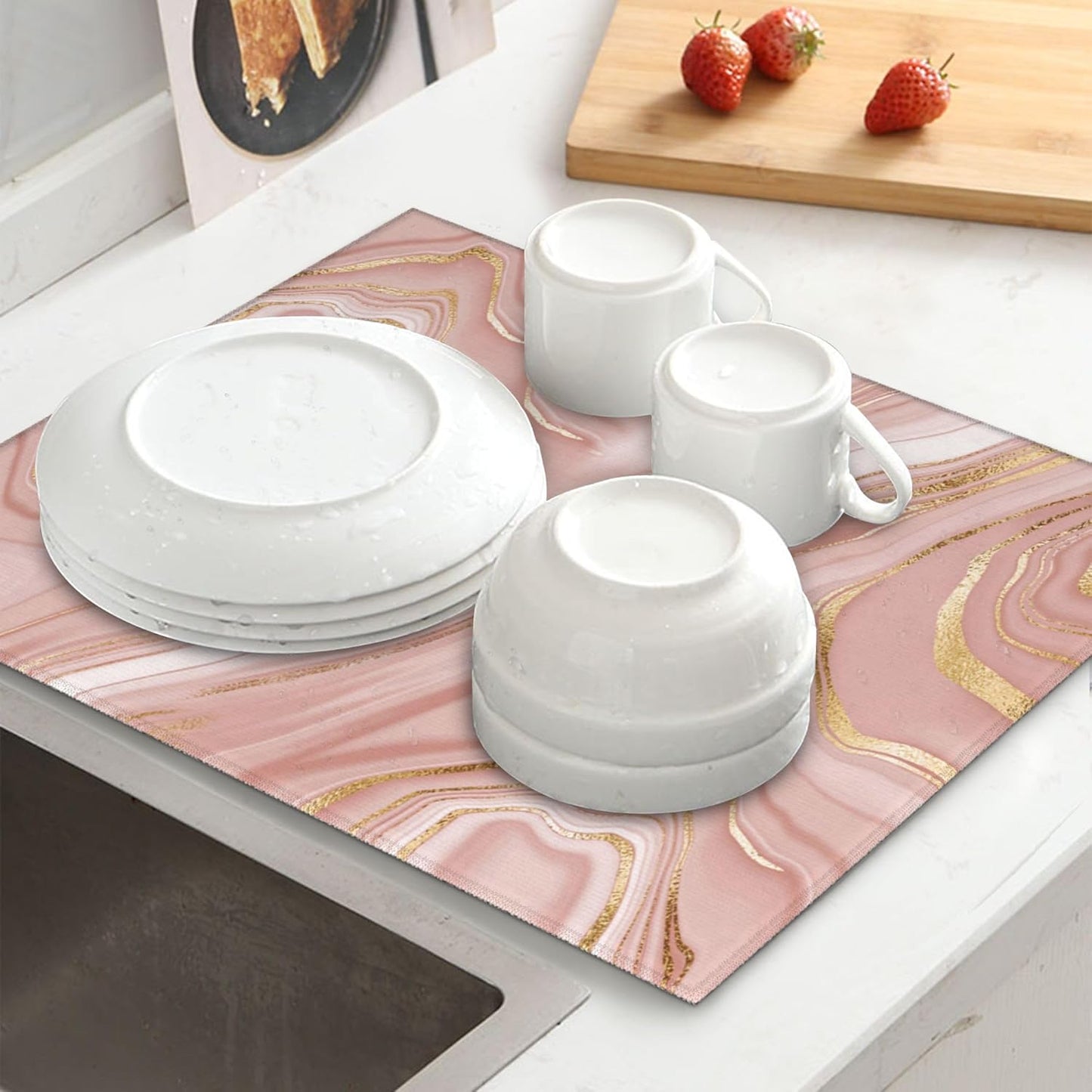 Pink Golden Marble Dish Drying Mat for Kitchen Counter Washable Absorbent Reversible Microfiber Rose Pink Modern Decorative Drying Pad Kitchen Accessories 16"x18"