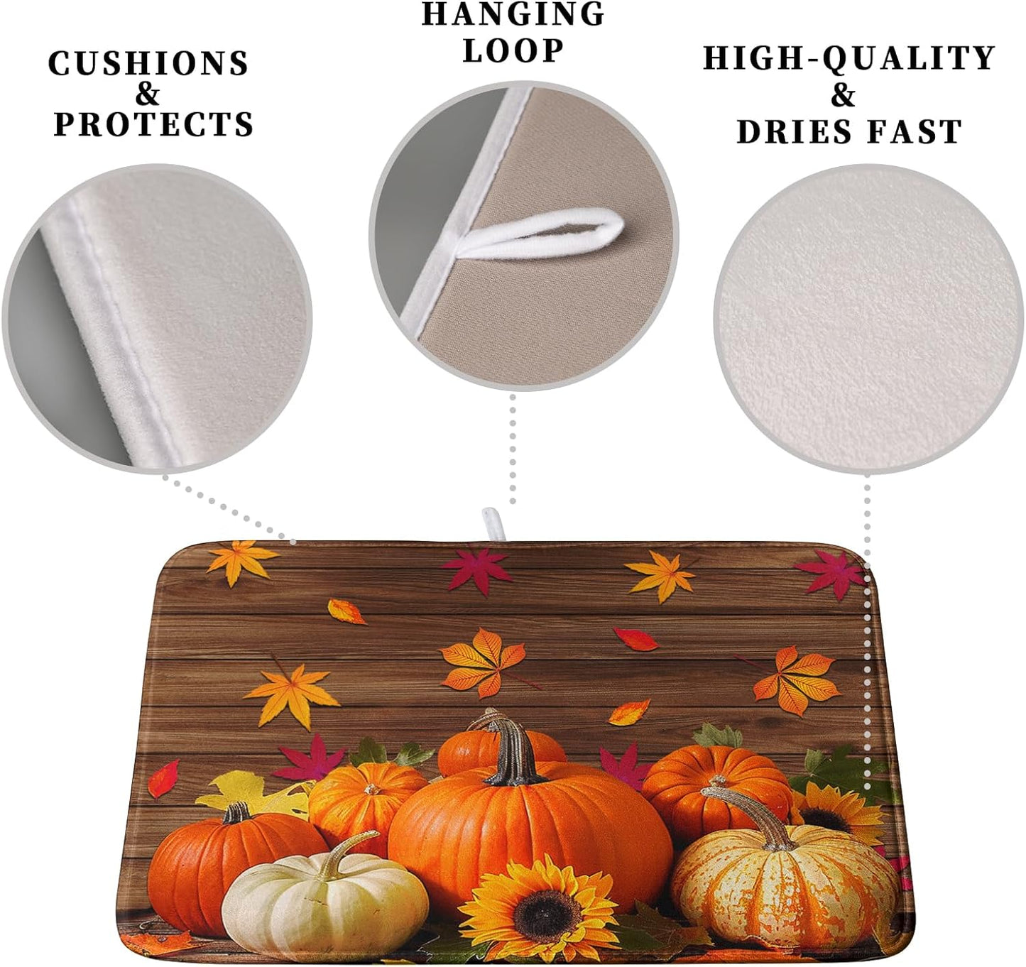 AutumnThanksgiving Pumpkin Dish Drying Mat for Kitchen Counter 16x18 Inch Fall Sunflowers Maple Leaves Harvest Kitchen Drying Mat Microfiber Super Absorbent Dish Rack Drainer Mat with Hanging Loop
