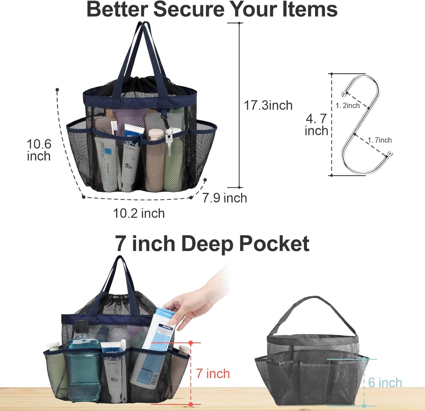 F-color Mesh Shower Caddy Portable with Drawstring - Deeper 7 Pockets Dorm Room Essentials for Guys Girls with S Hook, Shower Bag Tote for College Camping Toiletry Bathroom, Black with Dark Blue