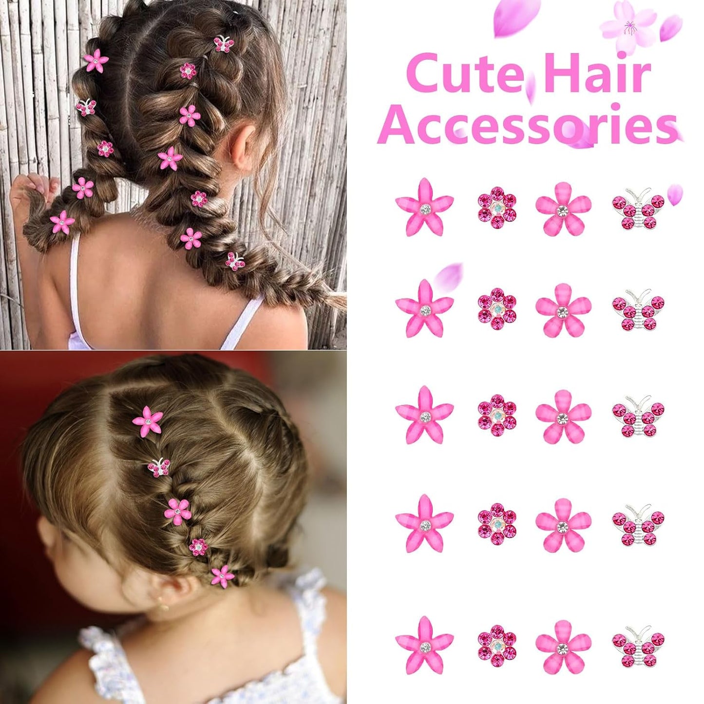 YISSION 20 Pcs Mini Flower & Butterfly Hair Clips - Hot Pink Rhinestone Hair Pins - Wedding & Bridal Hair Accessories for Women & Girls