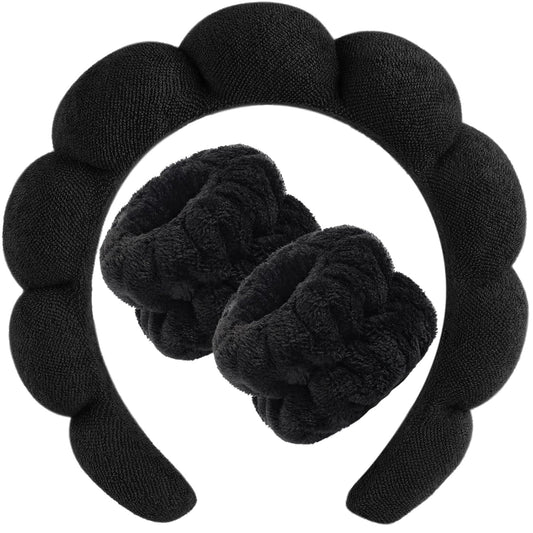 Zkptops Spa Headbands for Washing Face or Facial Sponge Makeup Skin Care Headband Wristband Set Towel Bubble Soft Sponge Hairband for Women Girls Puffy Winter Non Slip Thick Thin Hair Accessory(Black)