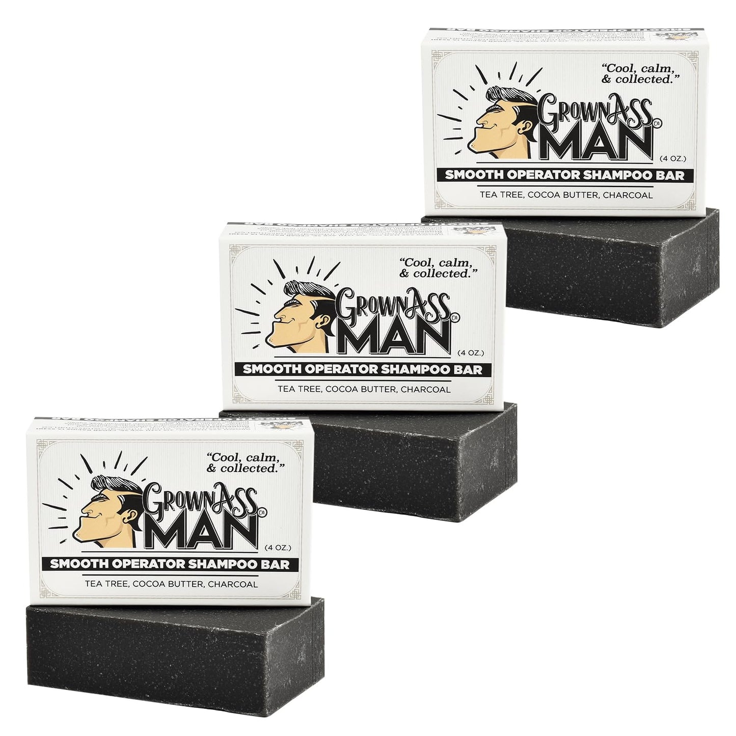 Grown Ass Man Co. - Solid Shampoo Bar Rich Lather 3 in 1: Hair, Beard & Body Wash - Plastic Free & Eco-Friendly, Natural & Organic Clean for All Hair Types, 4oz Bar (Smooth Operator, 3-Pack)