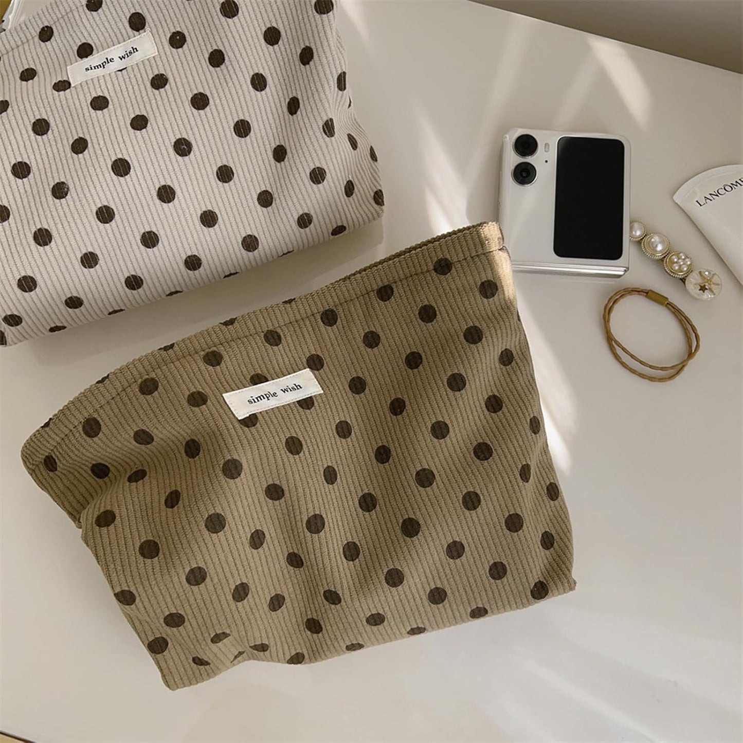 Wudygirl Travel Makeup Bag Cute Cosmetic Bag Large Capacity Makeup Pouch Make Up Organizer for Women and Girls Portable Toiletry Bag Corduroy Zipper Pouch (Brown Polka Dots)