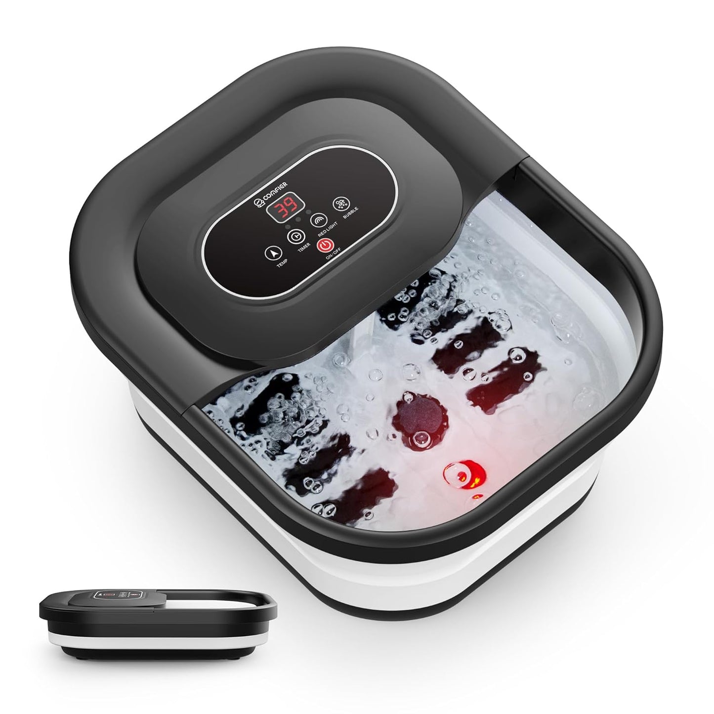 COMFIER Collapsible Foot Spa Bath Massager with Heat, Pedicure Foot Spa with Bubbles, Red Light, Pumice Stone and Shiatsu Massage Rollers, Heated Bath Spa for Relaxation and Stress Relief (Black)