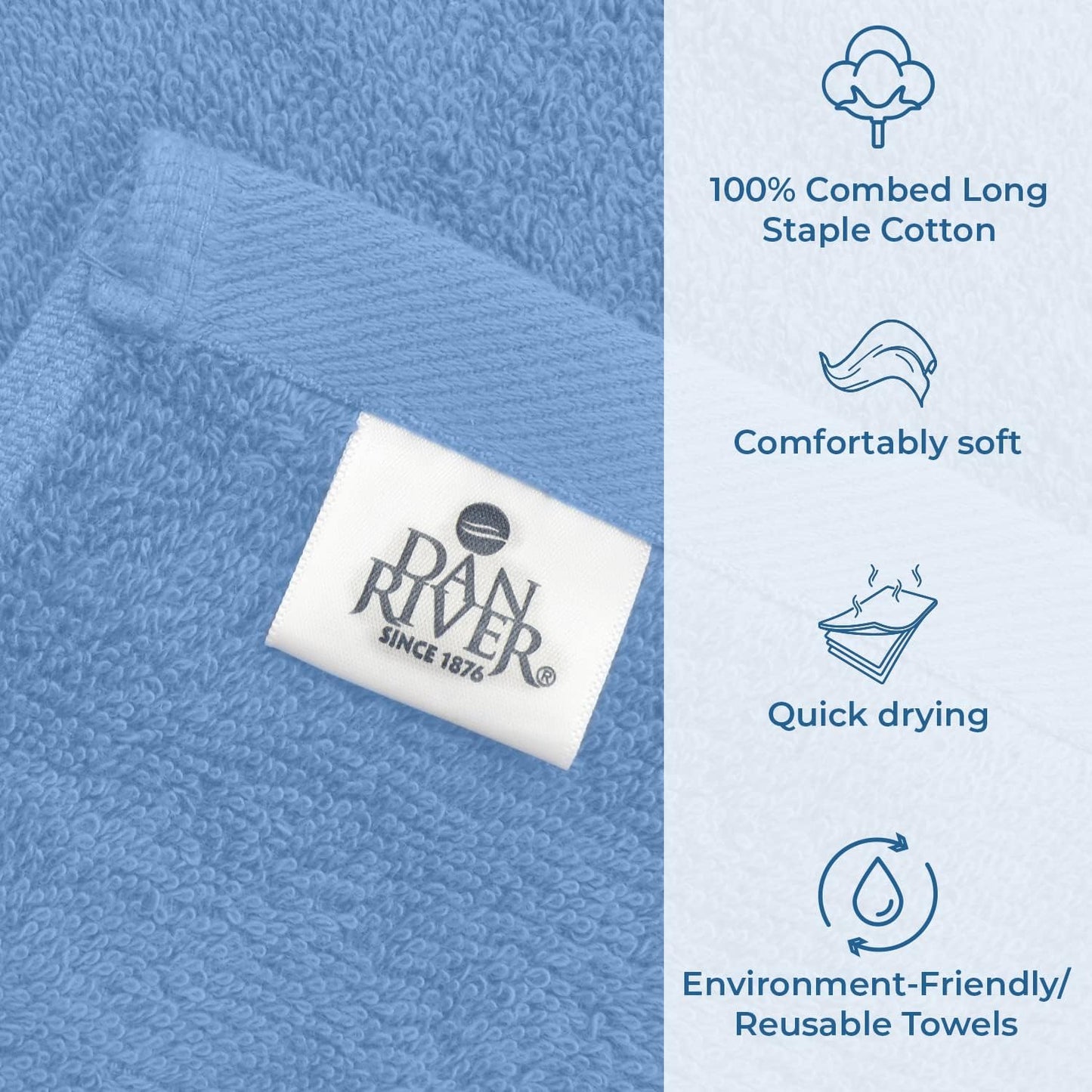 DAN RIVER Bath Towels Set of 4, 27 x 54 Inches, 100% Cotton, Larger & Lighter Weight, Quicker to Dry, Super Soft and Absorbent, Ideal Cotton Towels for Bathroom for Daily Use, Medium Blue