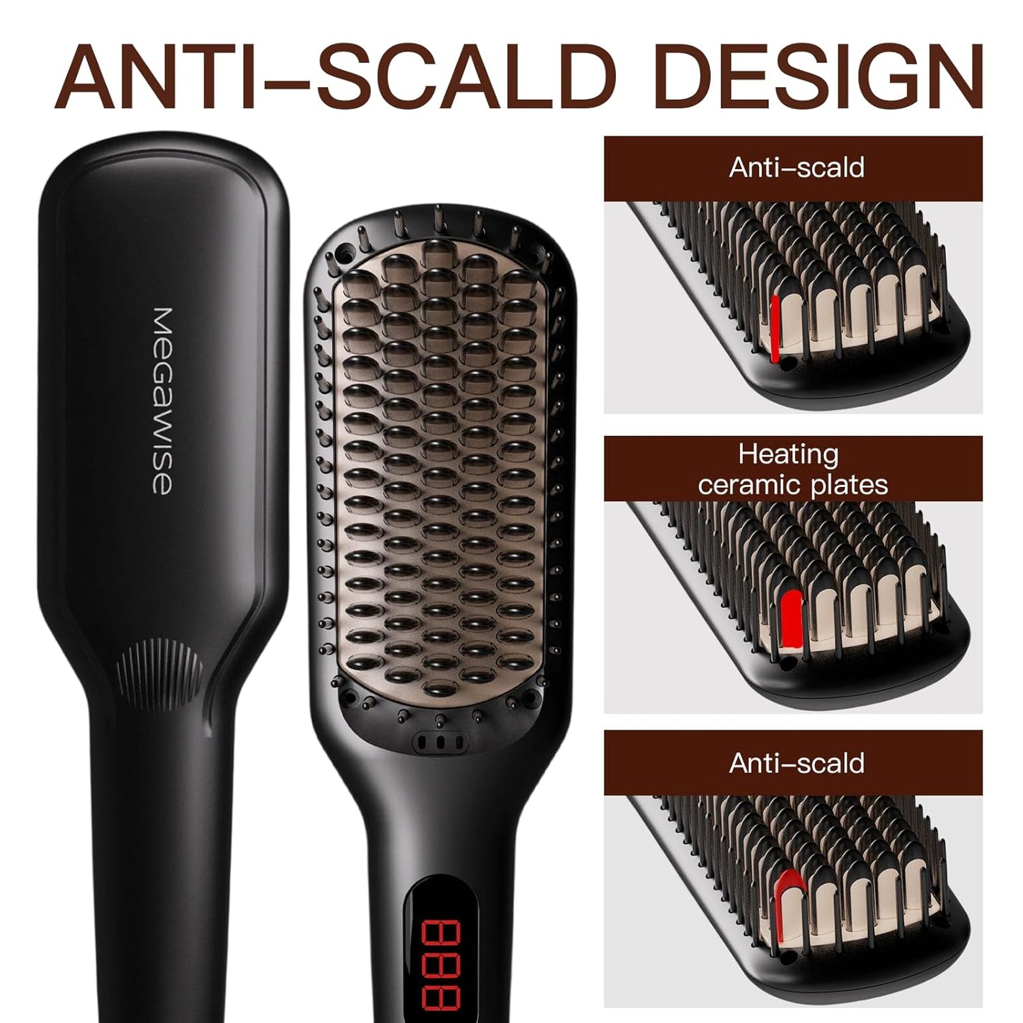 MEGAWISE Pro Ceramic Ionic Hair Straightener Brush for Home Salon, Straightening Hair Brush with 20s Heating Tech, Auto-Off, Anti-Scald with Universal Dual Voltage,Rotatable Power Cord, Black