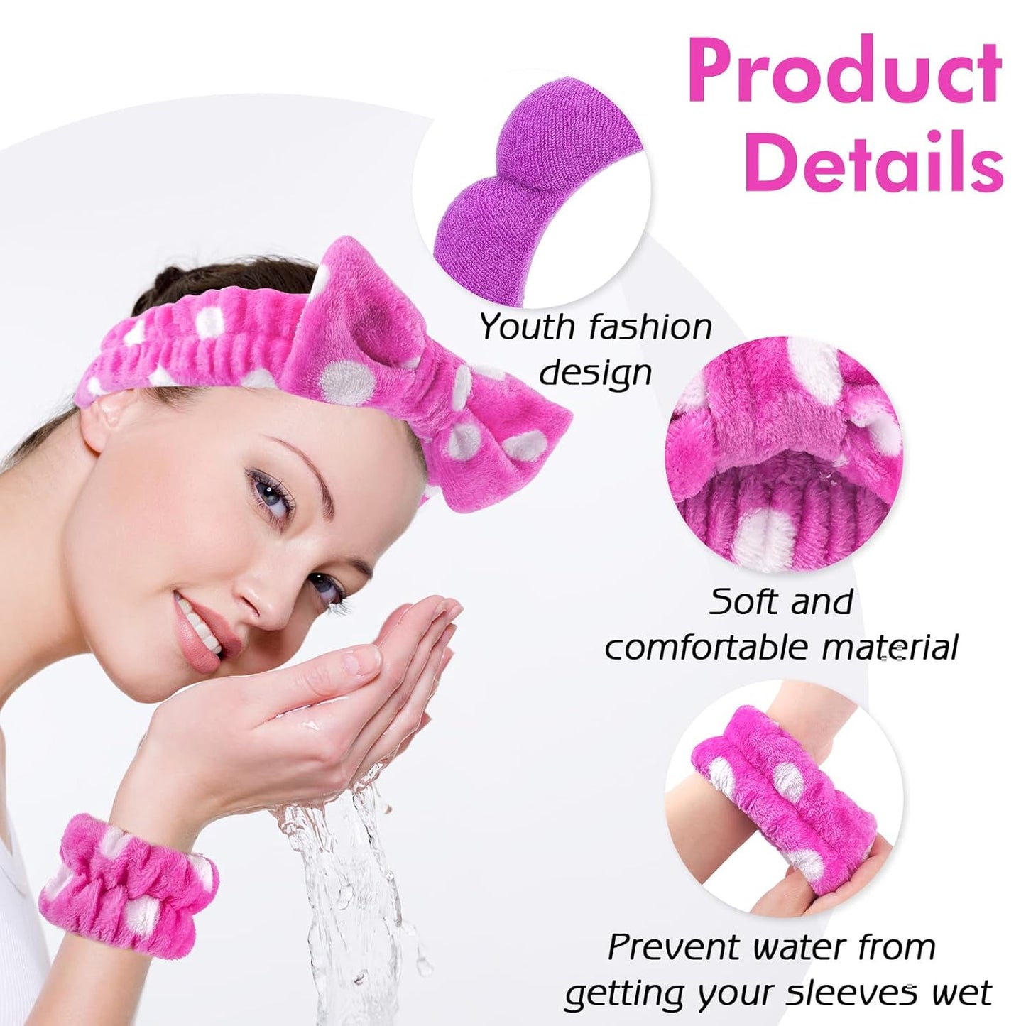 Zkptops 6Pcs Spa Headband for Washing Face Wristbands Set Women Bubble Skincare Makeup Sponge Terry Cloth Padded Puffy Headband Bow Tie Hairband Cute Non Slip Thick Hair Accessory Gifts(Dark Purple)