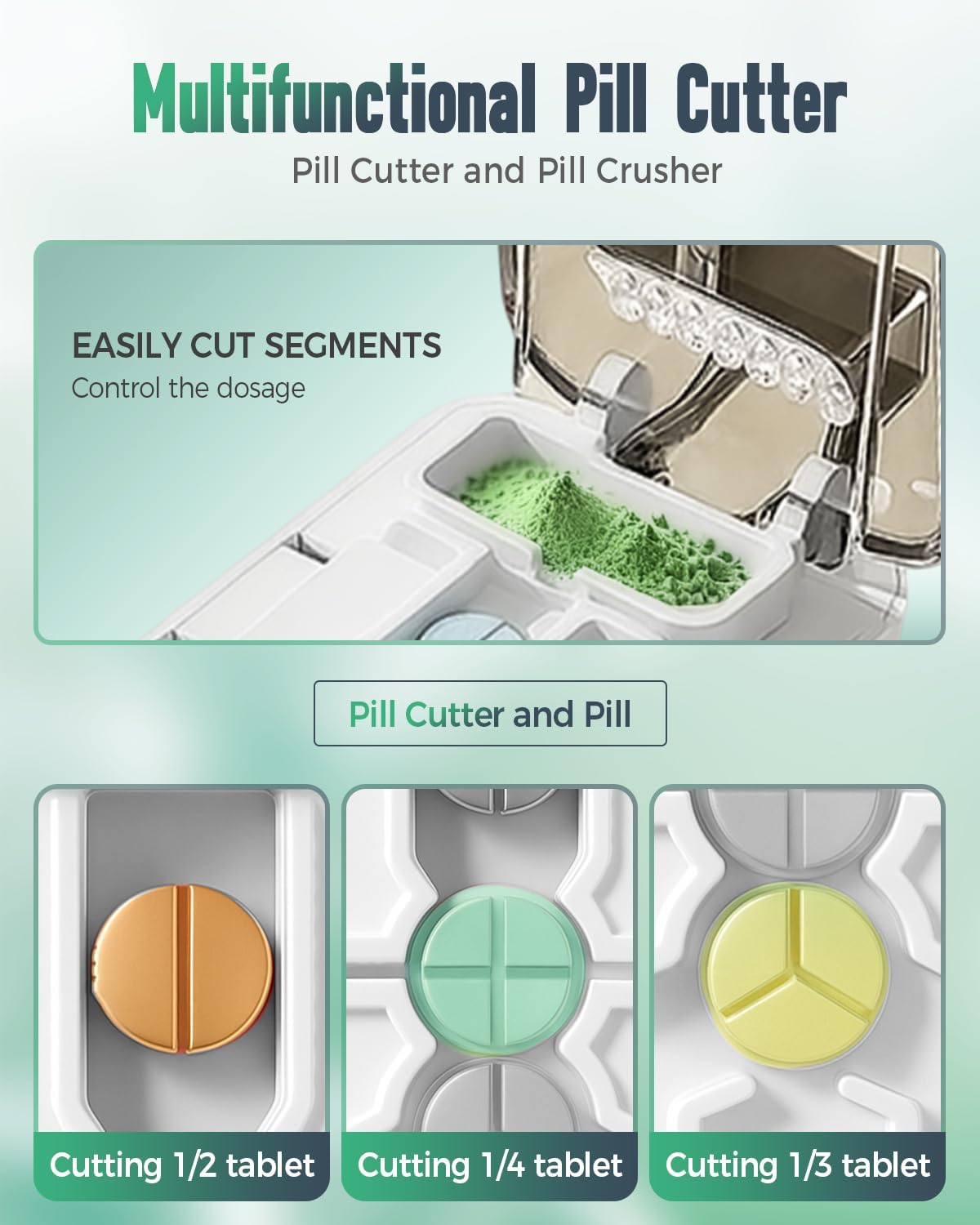 Pill Cutter Splitter for Small and Large Pills, 2026 Upgraded Portable Pill Cutter 1/4, 1/2 and 1/3 for Multiple Splitter Pills, Professional Pillss Cutting and Crusher with Storage Device (Green)