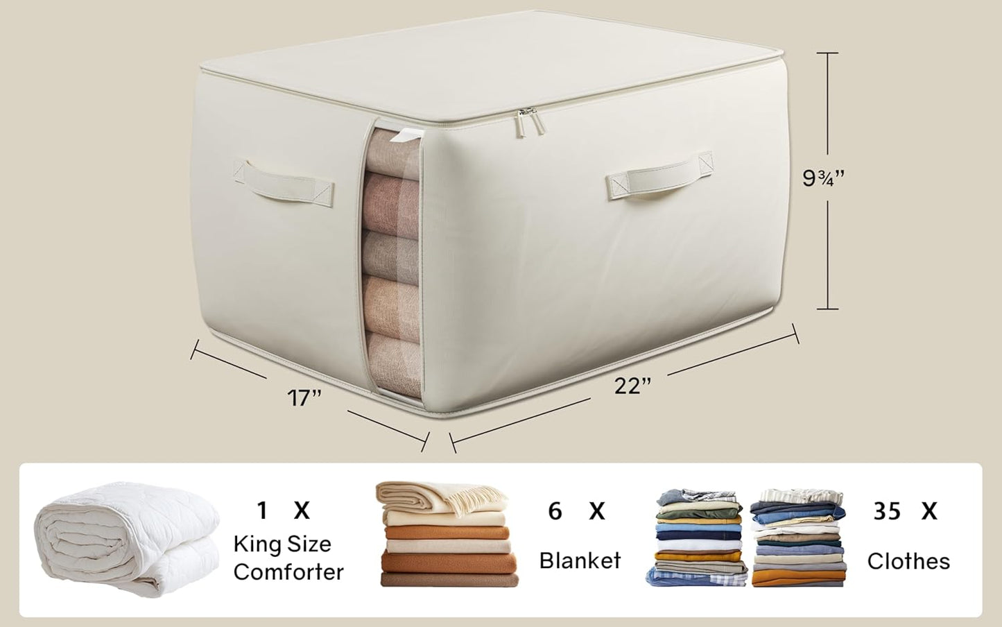 Large Canvas Clothes Storage Bags with Thick Handles and Clear Window, Foldable Cotton Linen Underbed Closet Organizer for Clothing, Blankets and Bedding, 60L, 6 Pack, Beige