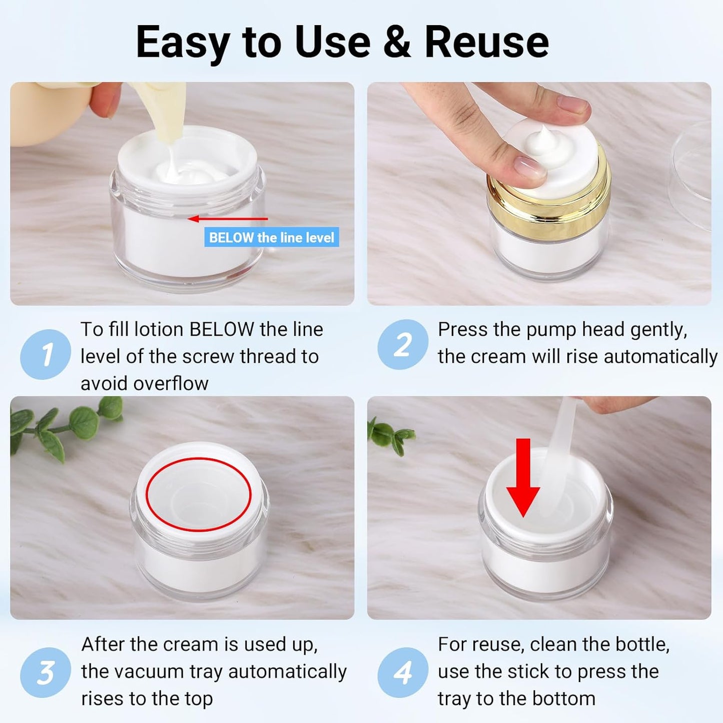 Segbeauty Pack of 3 Travel Jars for Creams, 0.5oz Small Airless Pump Jars 15ml Refillable Travel Bottles Empty Lotion Container, Glass Jar for Toiletries Gold Moisturizer Container